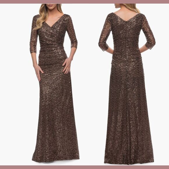 NWT $515 La Femme [ 16 ] V Neck‎ 3/4 Sleeve Ruched Sequin...